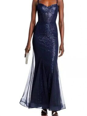 Aqua Sequined Corset Mermaid Gown Navy